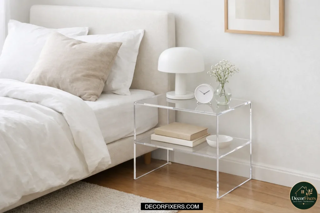 Clear acrylic nightstand creating a visually open and uncluttered space.