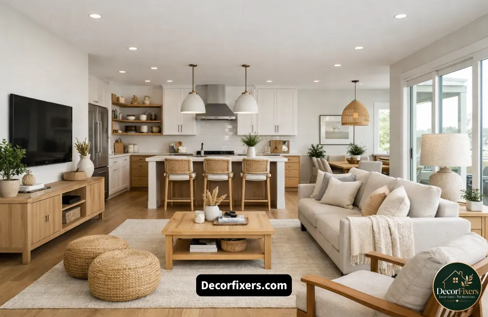 Open-plan Scandinavian living room with natural zone separation using rugs and sofas
