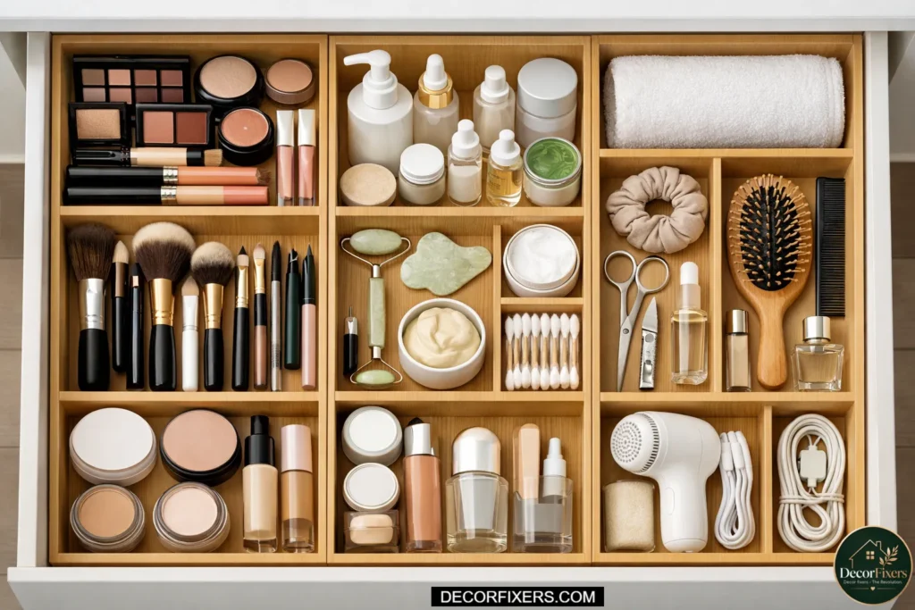 Drawer organized with bamboo dividers for bathroom items