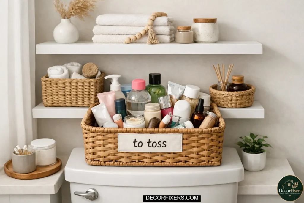 Basket holding items to declutter from bathroom