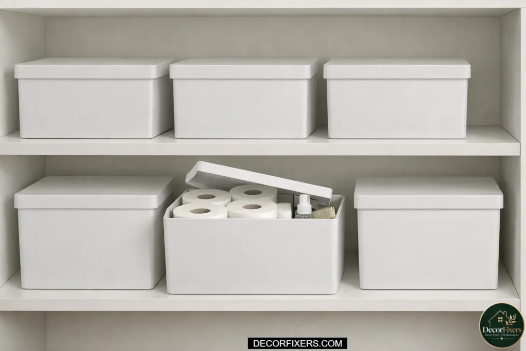 Storage boxes hiding bathroom supplies neatly