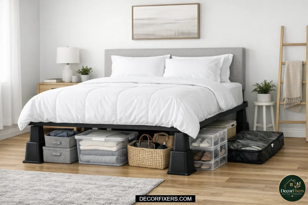 Bed risers increasing under-bed storage space in a compact bedroom.