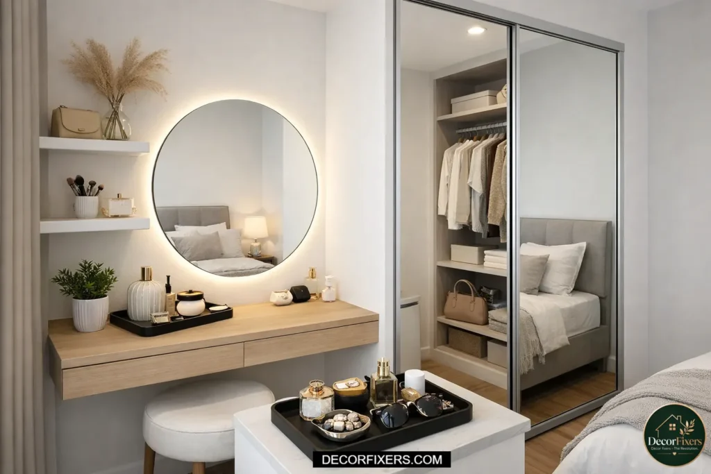 Dedicated get-ready zone with mirror and essentials for daily use.