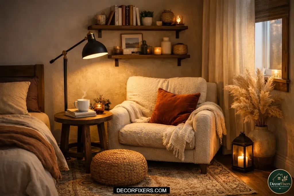 Cozy reading nook with warm lighting