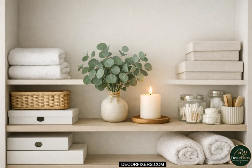 Eucalyptus and candle adding calm to bathroom closet