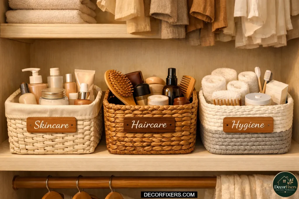 Bathroom closet organized with baskets by category
