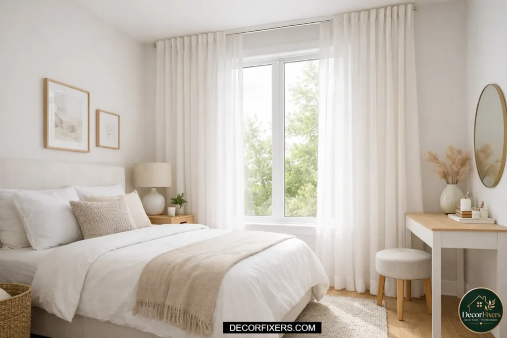 Curtains hung at ceiling height to make the room appear taller.