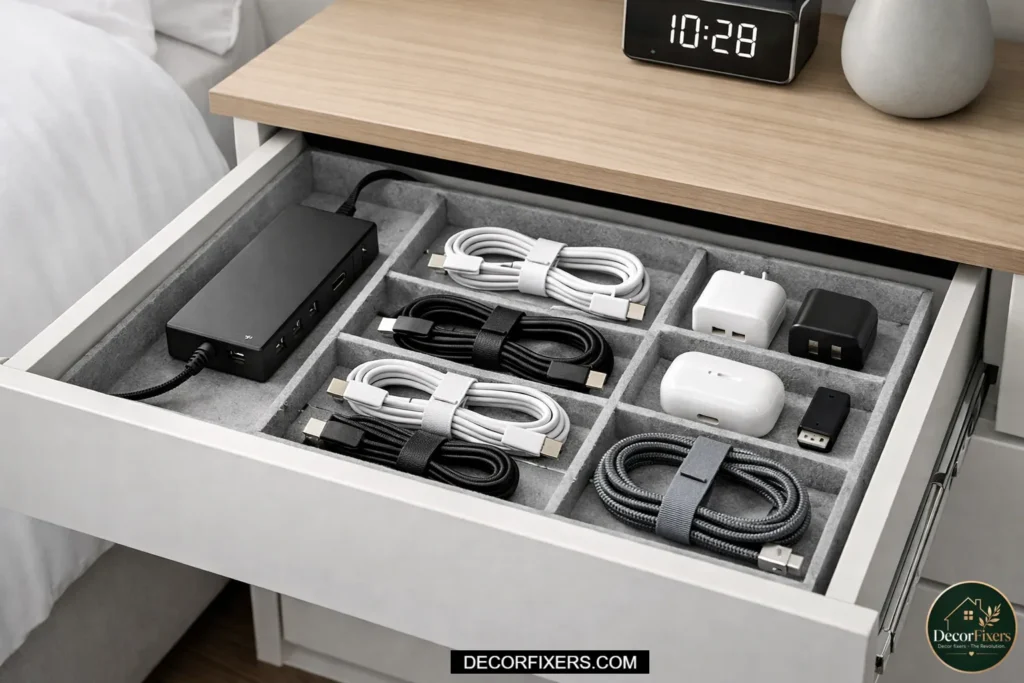 Drawer organizer used to manage charging cables and reduce clutter.