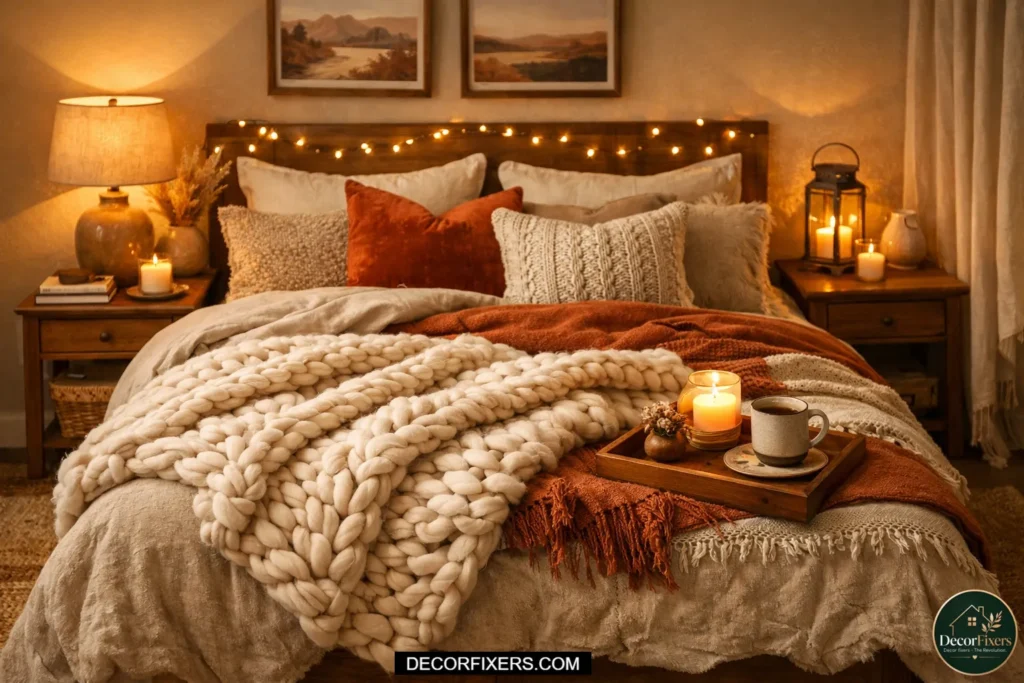 Cozy bedroom with warm lighting and decor.
