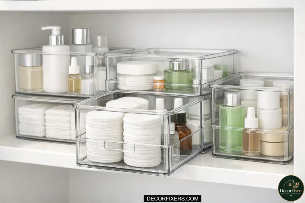 Clear stackable bins organizing bathroom products neatly