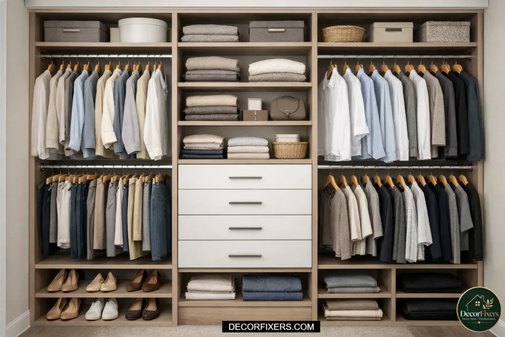 Closet system with shelves and double rods maximizing storage space.