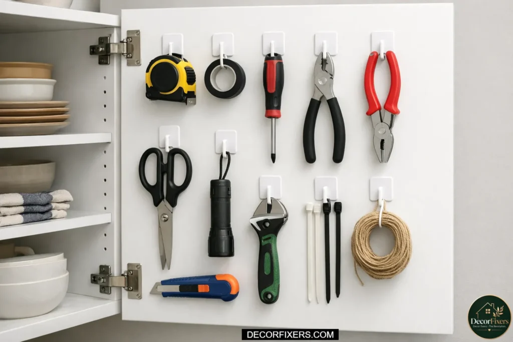 Adhesive hooks organizing bathroom items