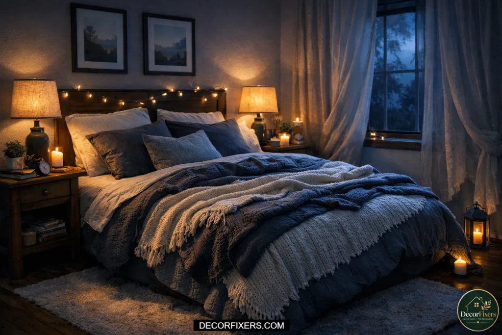 Warm, inviting bedroom with soft lighting.