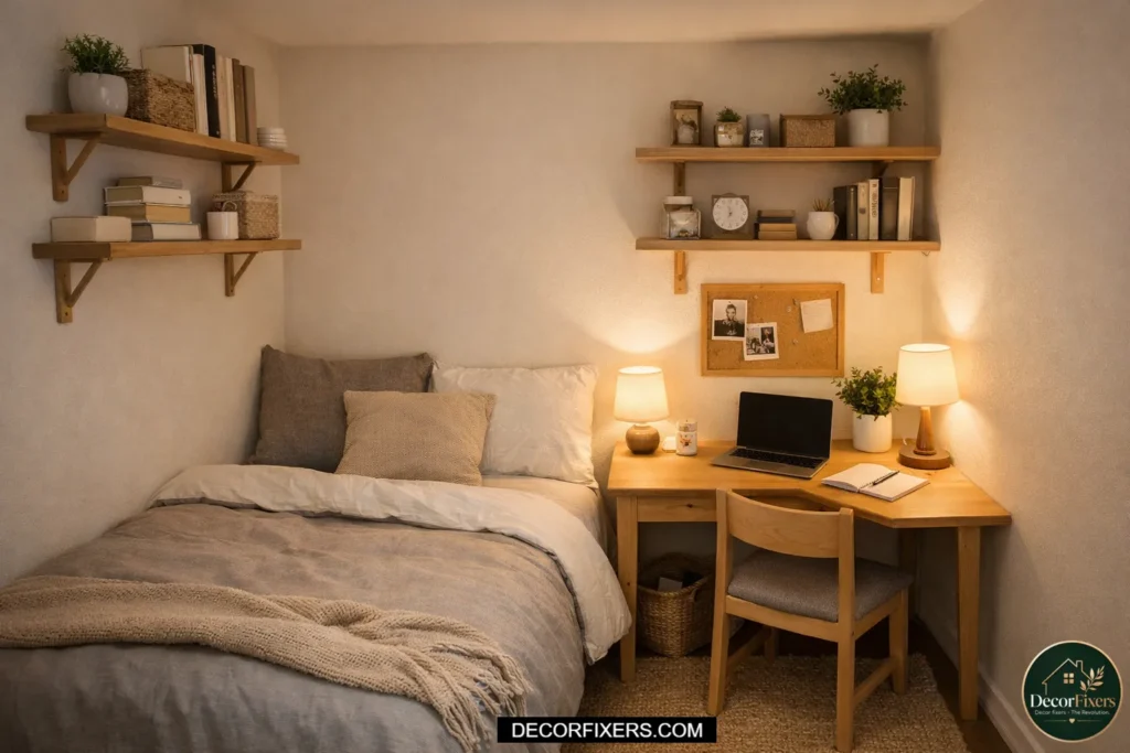 Corner bed setup in a very small bedroom freeing up wall space for storage and furniture.