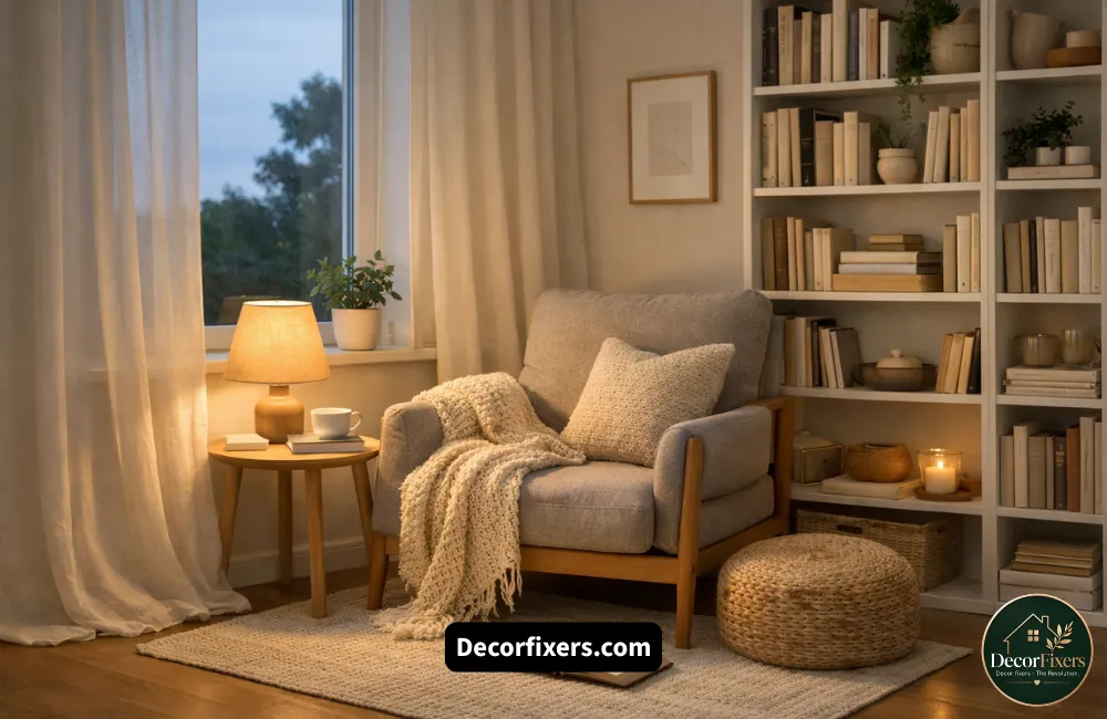 Cozy Scandinavian reading nook with armchair and floor lamp in a small living room