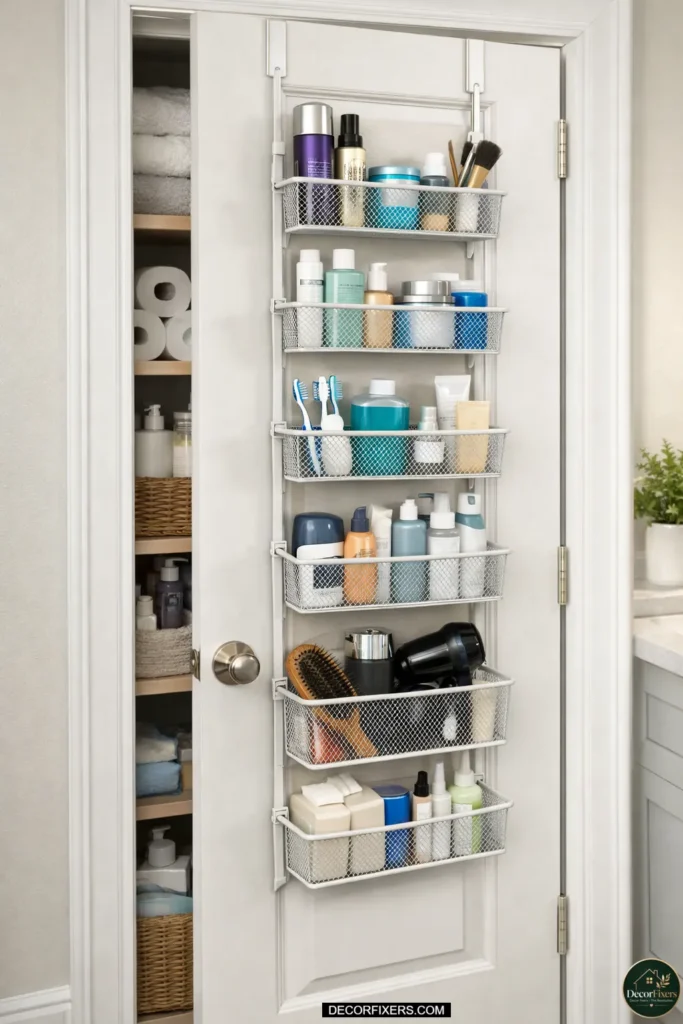 Over-door organizer storing bathroom essentials efficiently