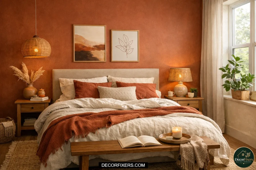 Cozy bedroom with warm earth tones.