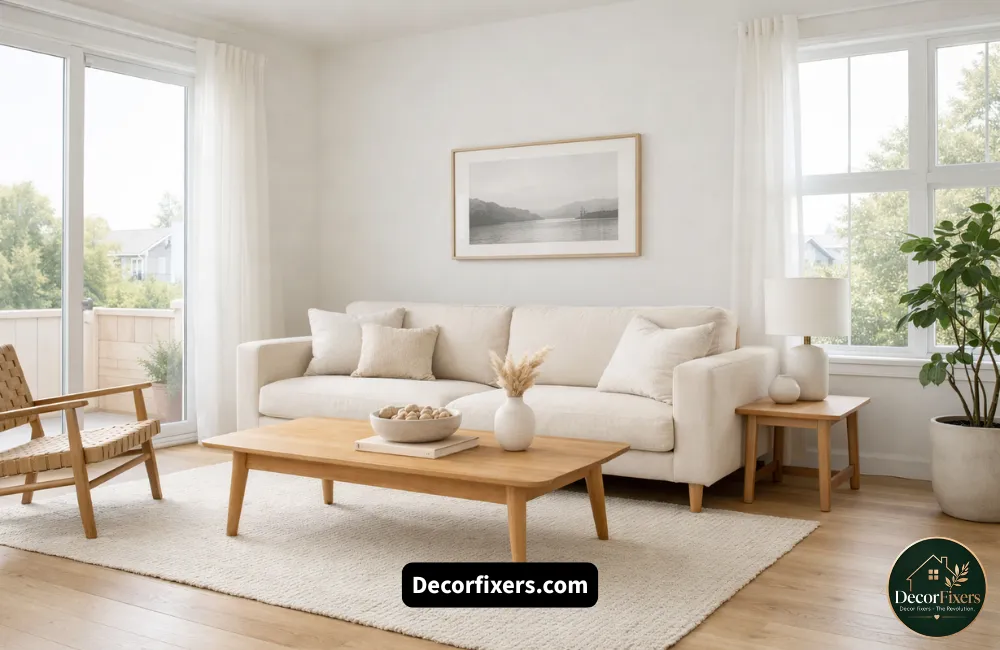 Minimalist Scandinavian living room with functional furniture and clean open space