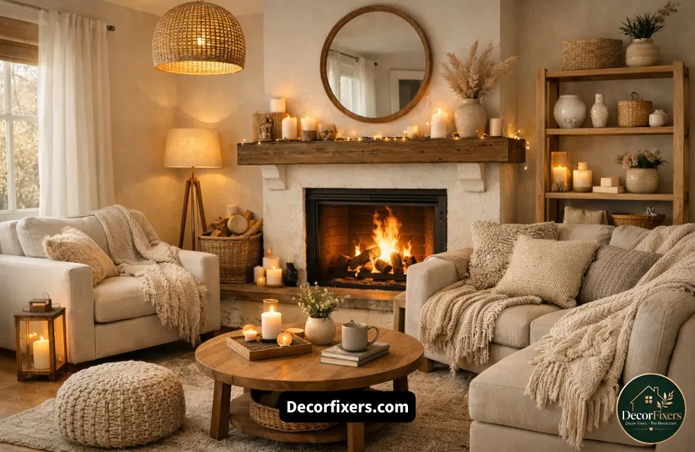 Hygge-inspired living room with fireplace focal point for warmth and cozy ambience