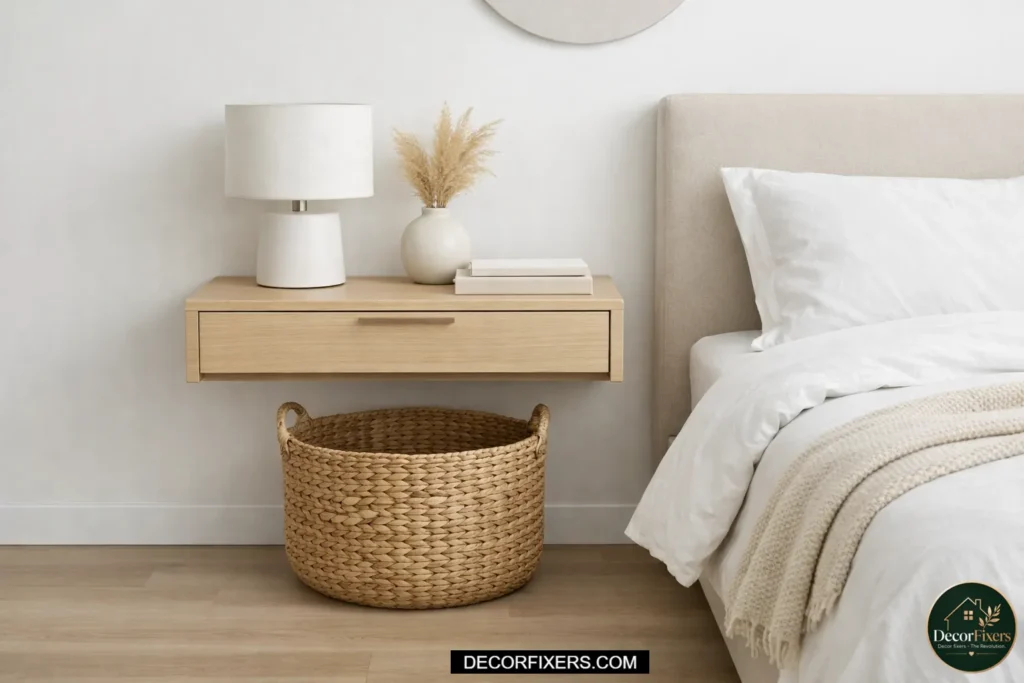 Floating nightstand mounted on wall to save floor space in a small bedroom.