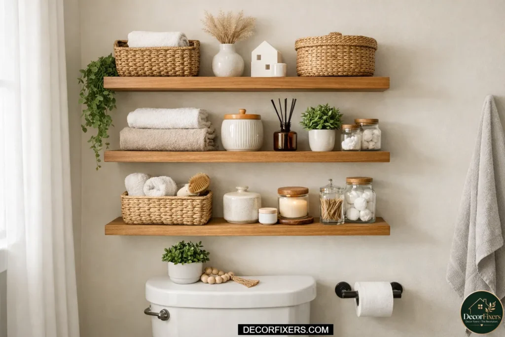 Floating shelves above toilet for storage