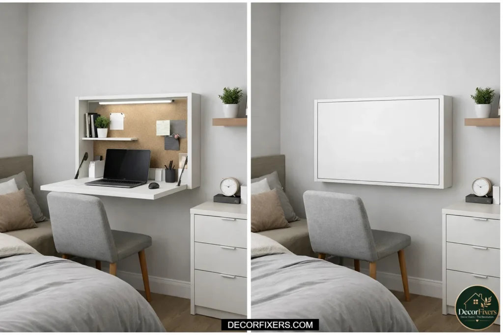 Fold-down wall desk saving space in a small bedroom workspace.