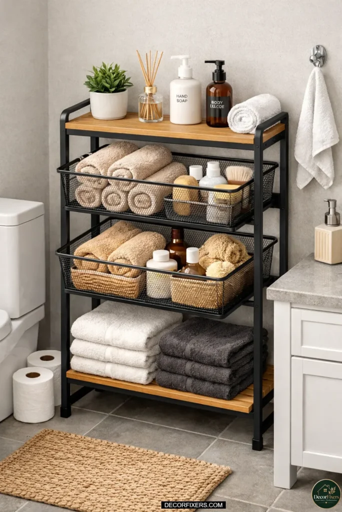 Freestanding shelf unit in bathroom for storage