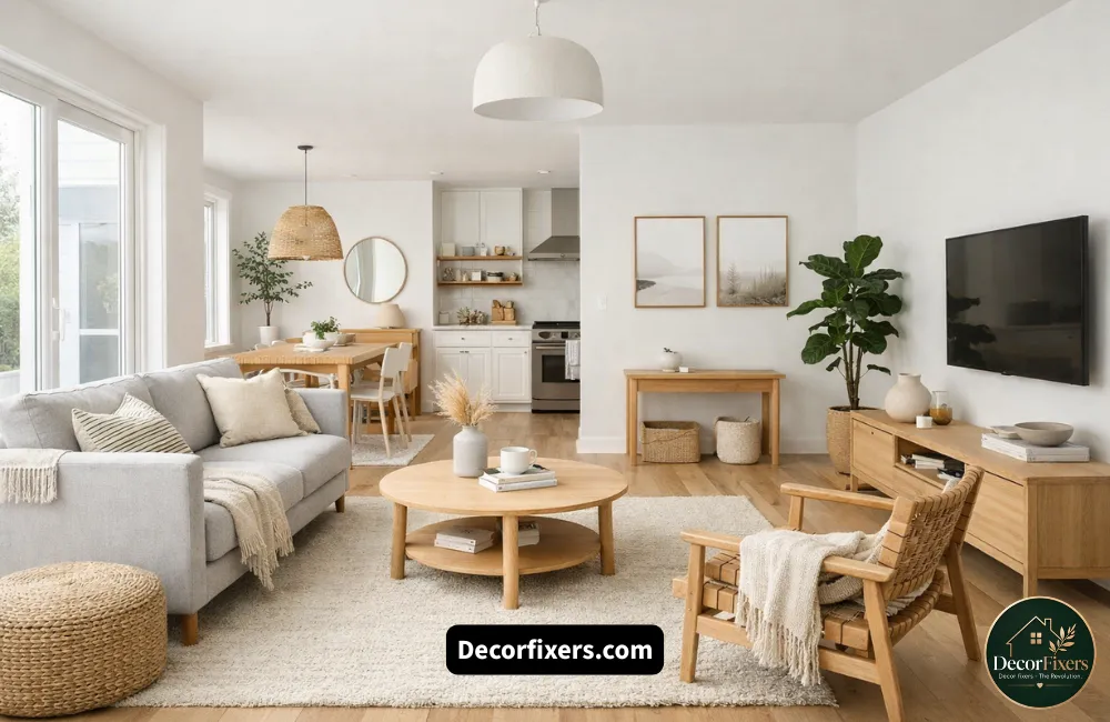 Functional and aesthetically simple Scandinavian living room with purposeful decor
