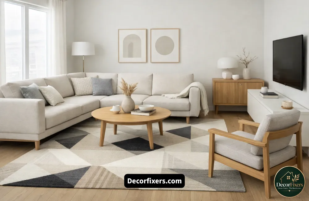 Subtle geometric patterns on cushions and rugs in a calm Scandinavian living room