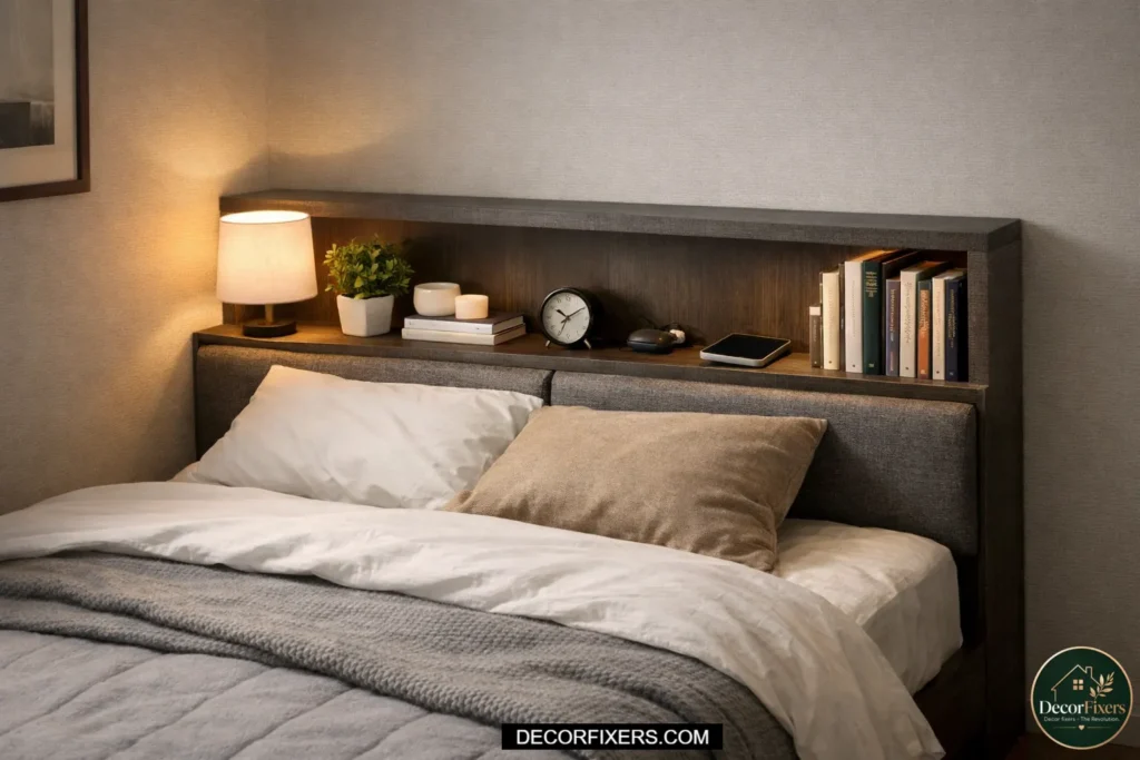 Bed with built-in headboard shelves replacing nightstands.