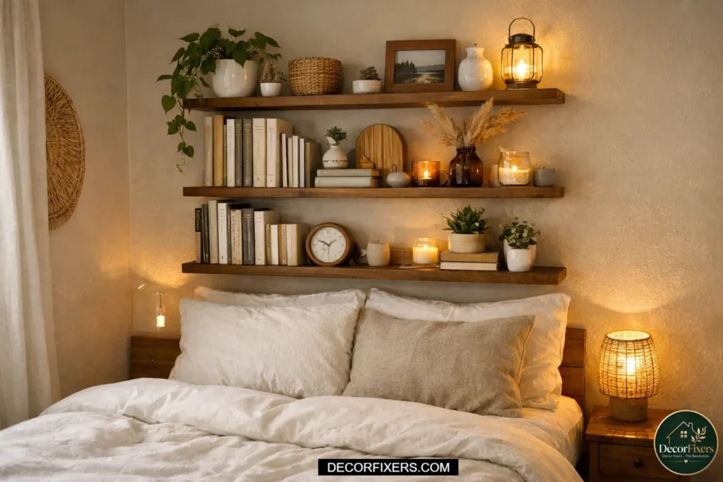 Floating shelves above the bed used for vertical storage and decor.
