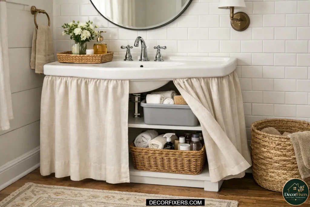 Curtain hiding storage under bathroom sink