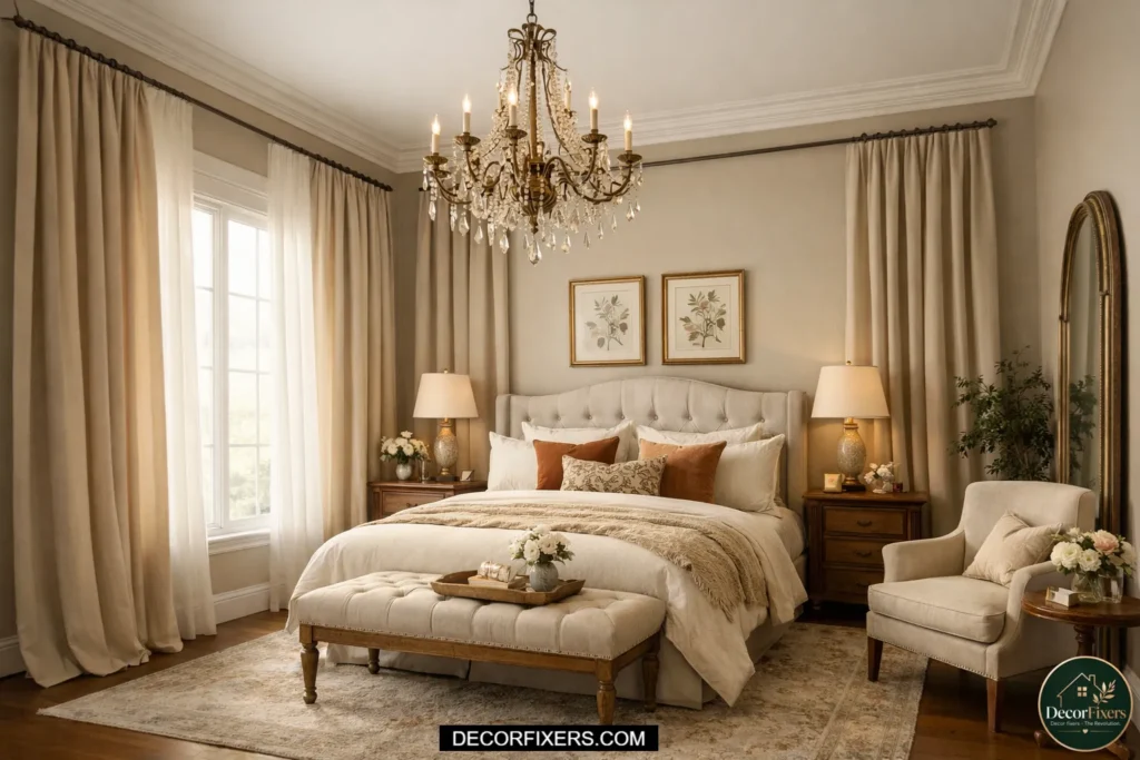 Elegant bedroom with chandelier and curtains.