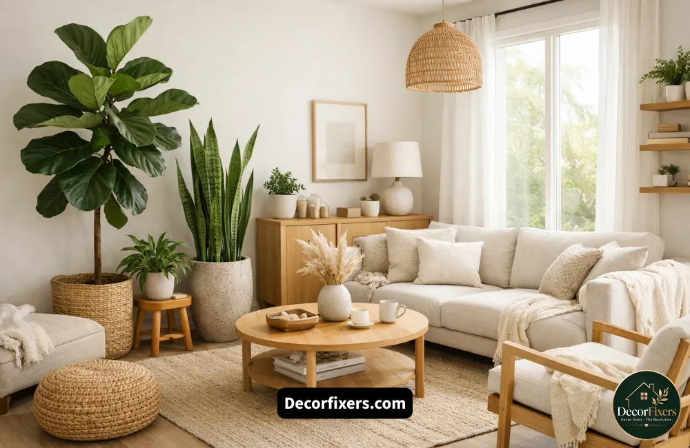 Indoor plants adding organic freshness to a neutral Scandinavian living room