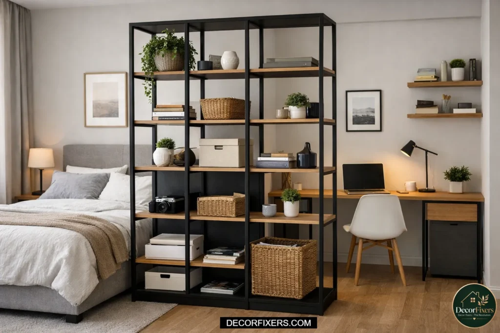 Shelving unit dividing bedroom and workspace while adding storage.