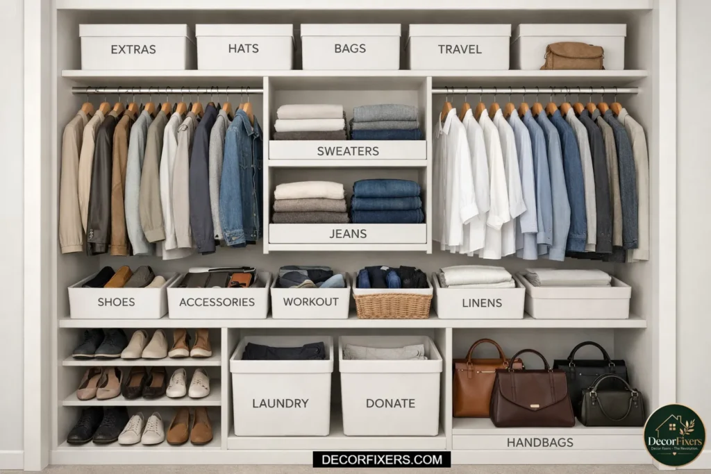 Closet with labeled storage bins for easy organization.