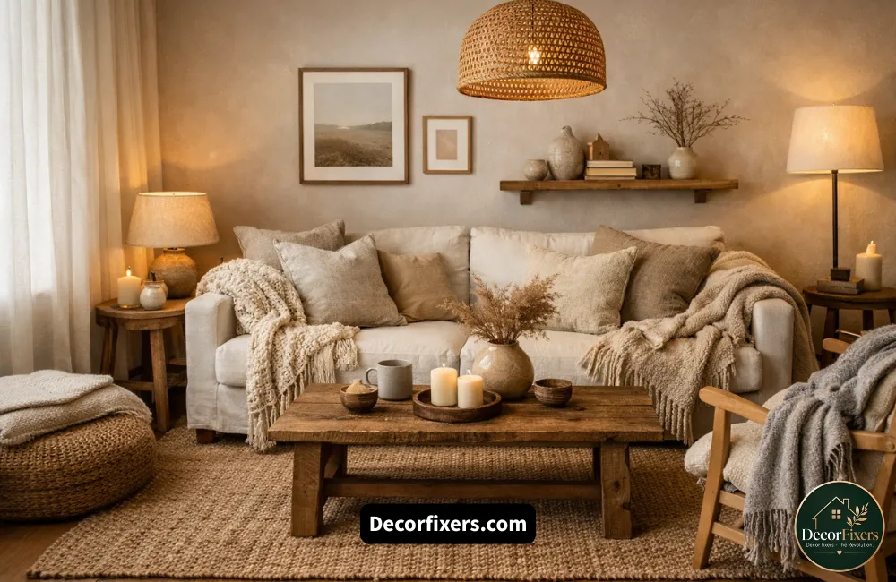 Cozy minimalist living room with layered wool, linen, and cotton textures