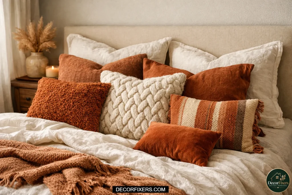 Cozy bed with warm, textured pillows.