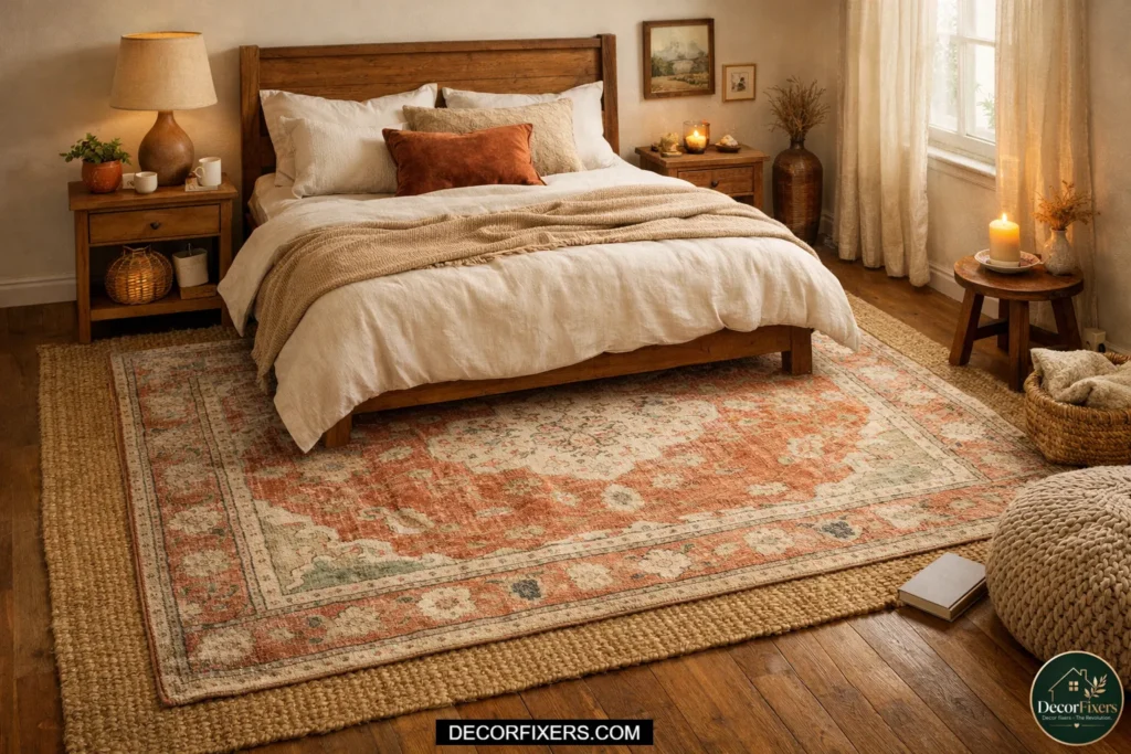 Cozy bedroom with layered rugs.