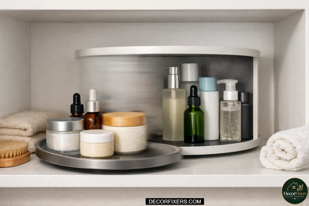 Rotating tray making deep shelf items accessible