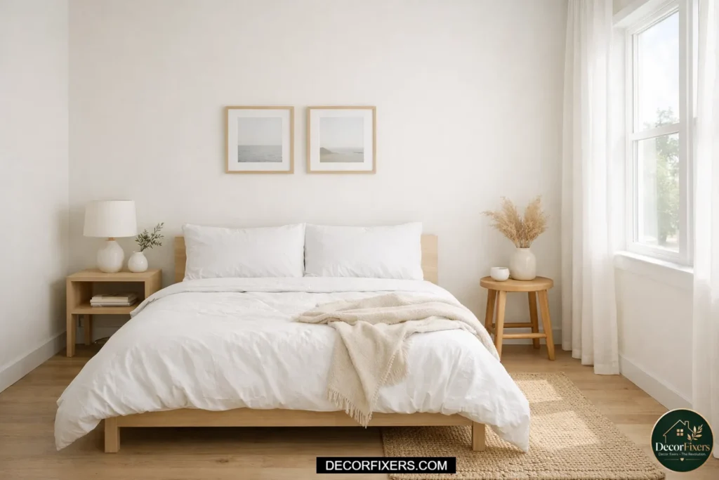 Light-colored walls making a small bedroom feel larger and brighter.