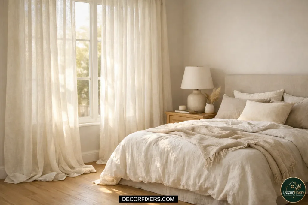 Cozy bedroom with soft linen curtains