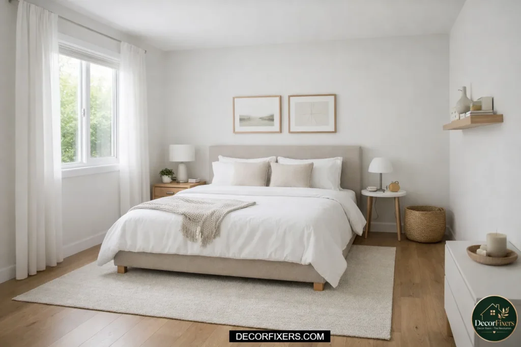 Bed placed against the longest wall in a small bedroom to maximize floor space and improve layout flow.