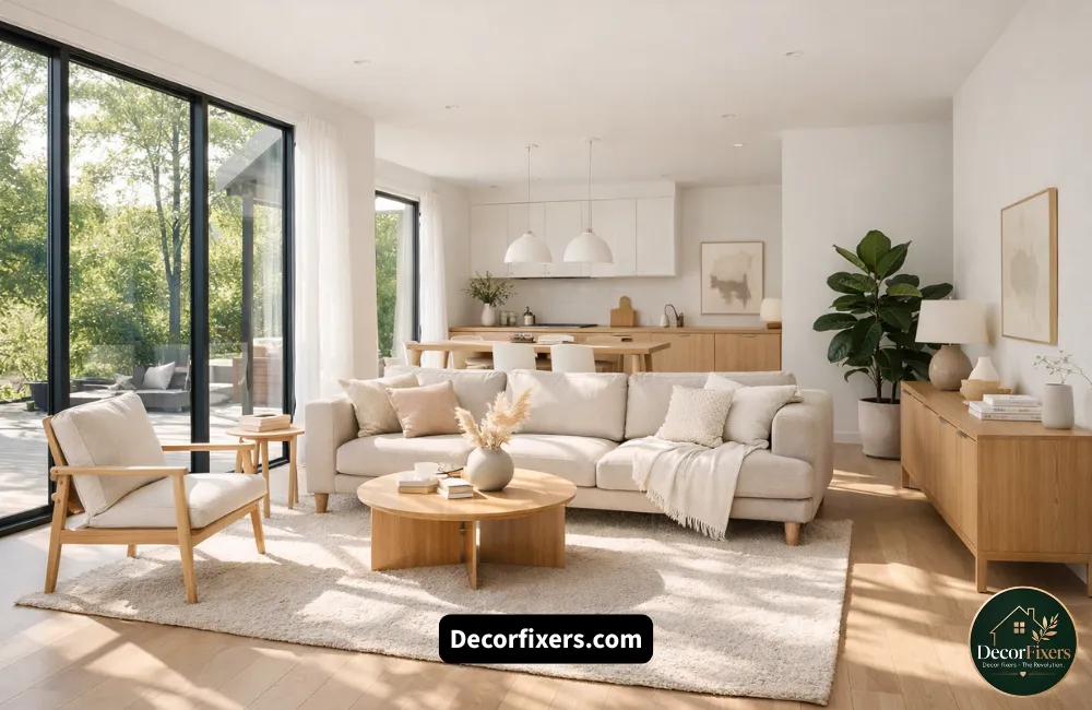 Airy Scandinavian living room with smart furniture layout to maximize natural light