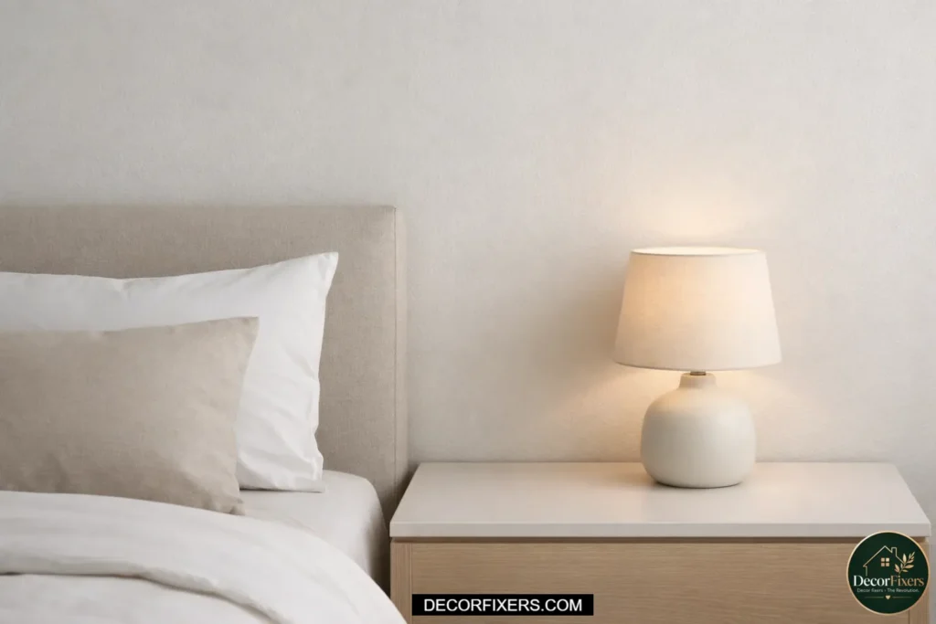 Minimal nightstand with only one active item to reduce clutter.