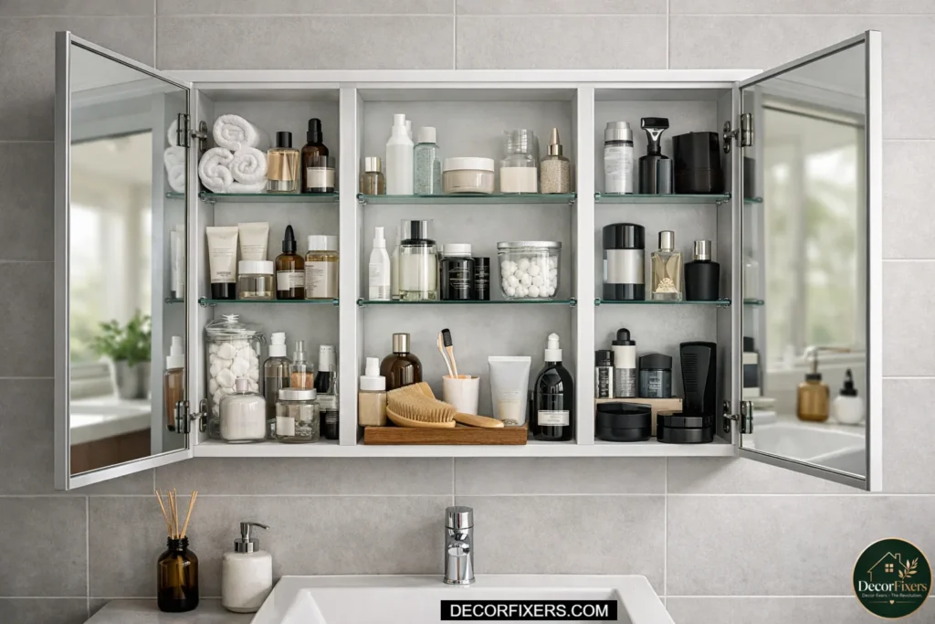 Mirror cabinet storing bathroom essentials