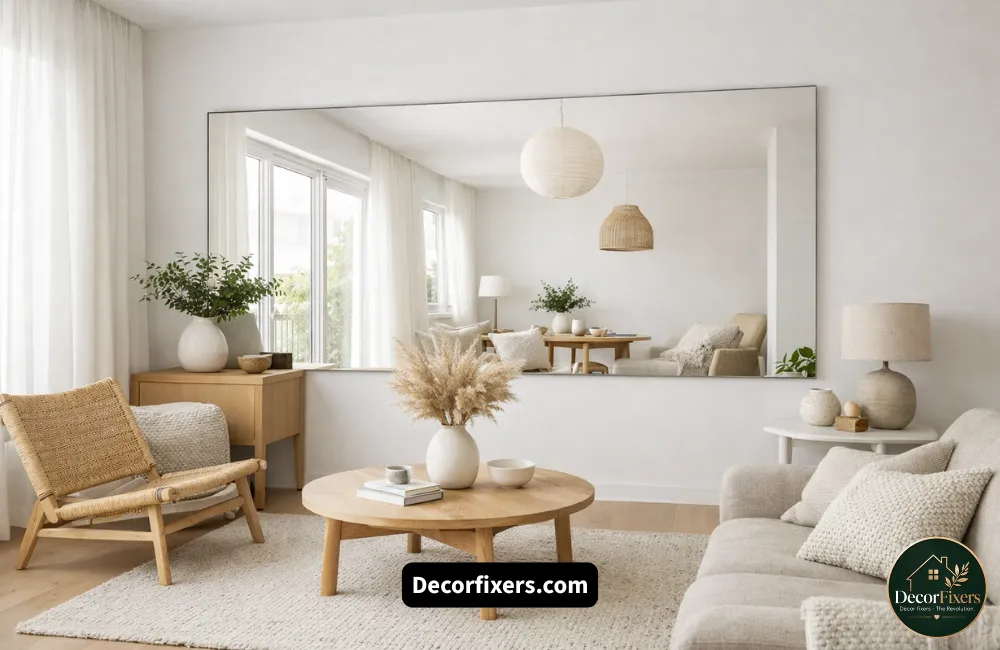 Strategically placed mirror decor expanding visual space in a minimalist living room