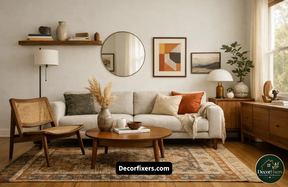 Modern and vintage Scandinavian living room mix with wooden chairs and contemporary sofa