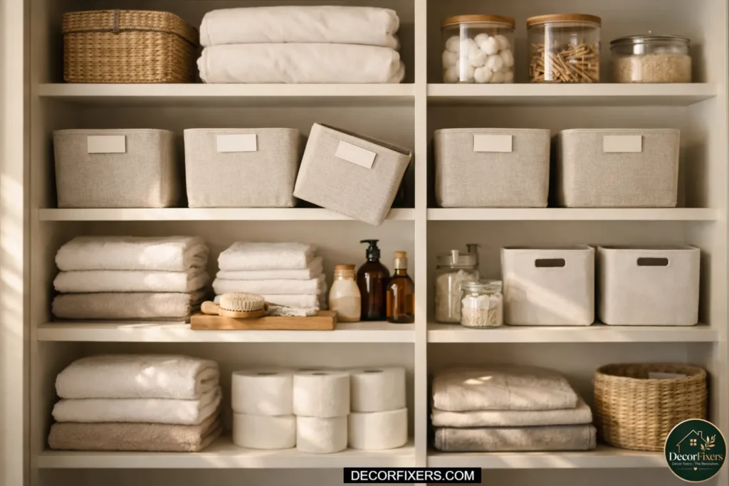 Quick monthly reset of bathroom closet organization