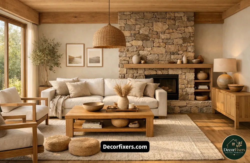 Scandinavian living room featuring natural wood, stone, and linen textures
